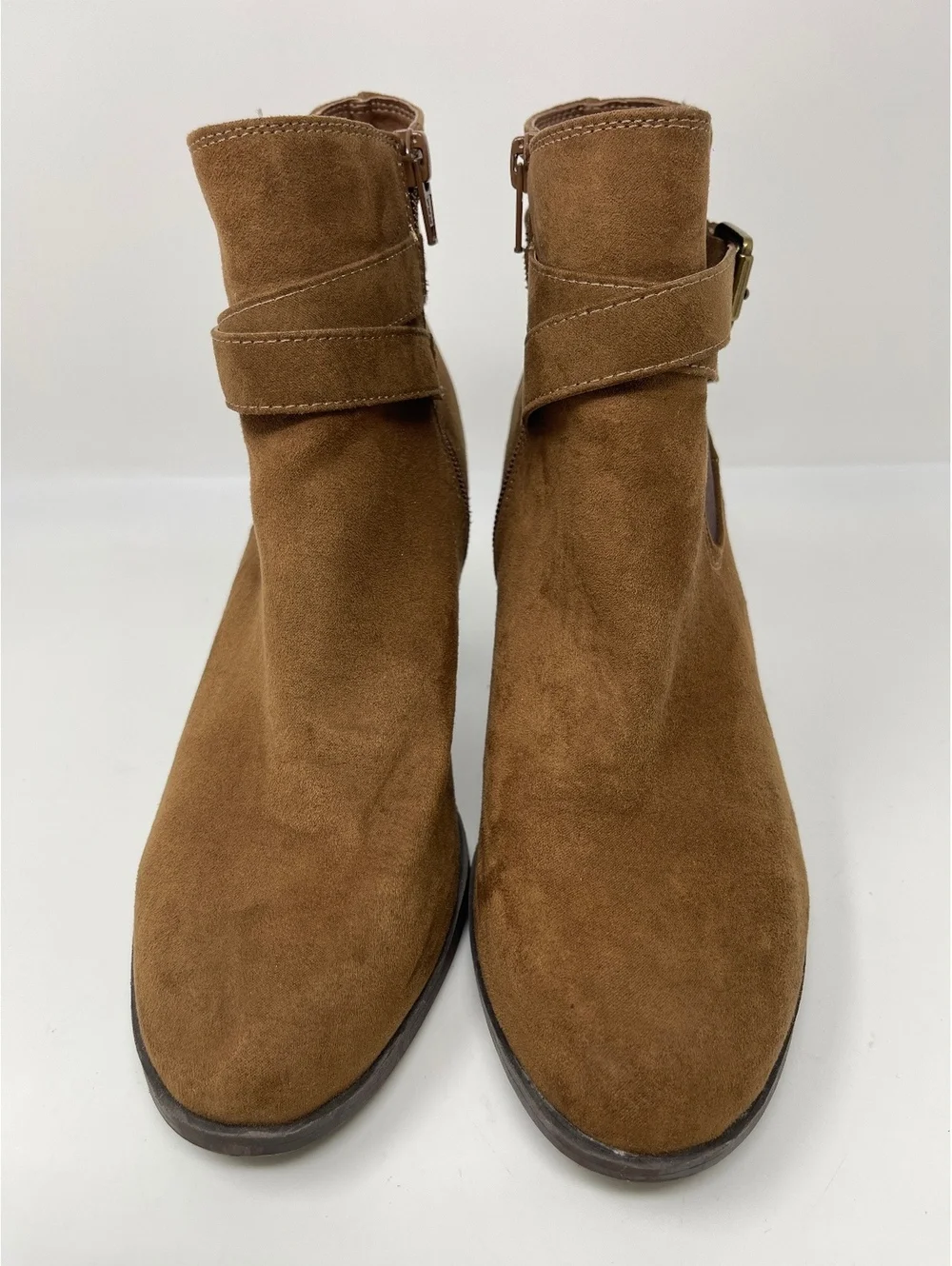 Style & Co Brown Faux Suede Ankle Boots Women's Size 8M Heel Buckle Zip Booties